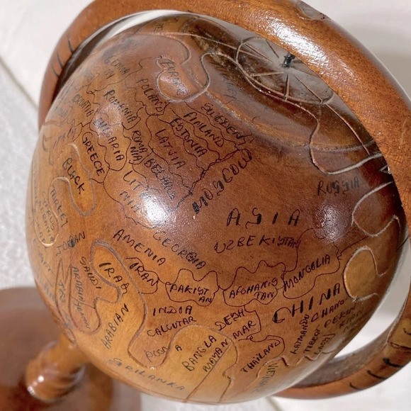 Vintage Haitian Hand Carved Wood Globe - Picture 9 of 12